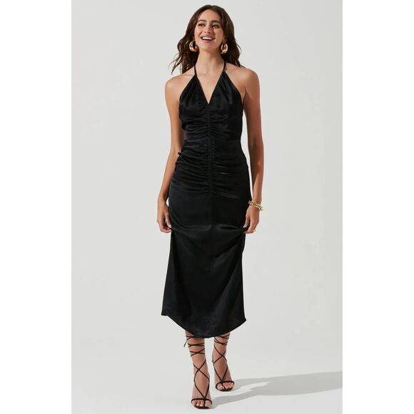 NWT ASTR Free People Toledo Black Ruched Midi Dress Size Medium‎ Satin Open Back - Picture 1 of 14